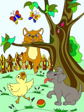 Çocuk karikatür hayvanlar arkadaşlar doğadaki renk. Ördek yavrusu, köpek ve kedi. Ördek, köpek ve kedi