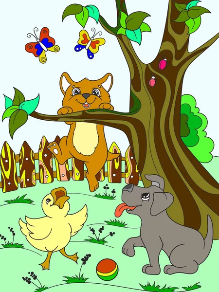 สัตว์การ์ตูนสีเด็ก เพื่อนในธรรมชาติ ลูกเป็ด ลูกหมา และลูกแมว เป็ด หมา และแมว — ภาพเวกเตอร์สต็อก