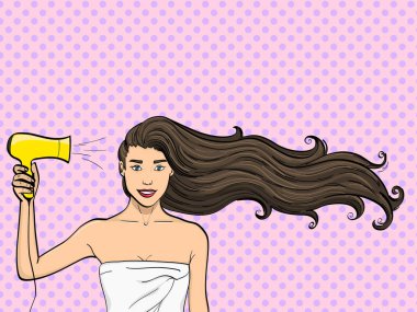 pop art background. A girl with long hair dries a hairdryer. Advertising of shampoo. vector clipart