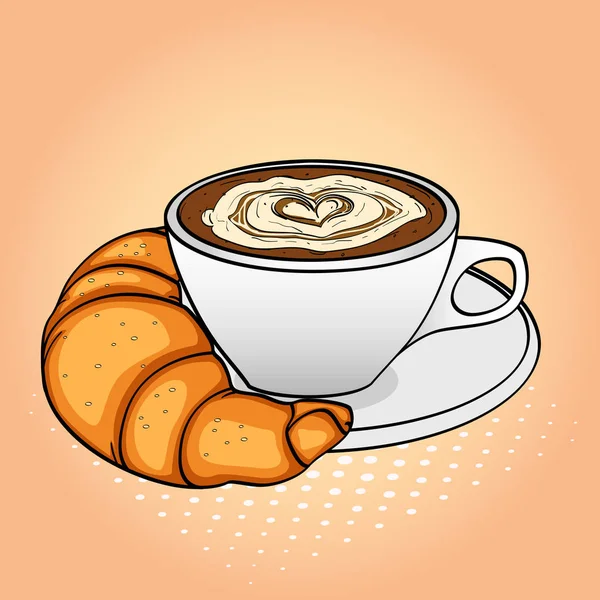 Pop Art Hintergrund, Frühstück, Kaffee mit Sahne und Croissant. Vektor — Stockvektor