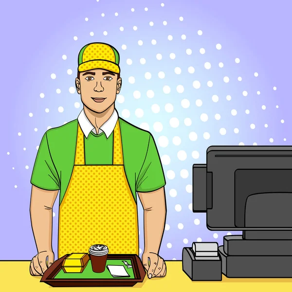 Fondo de arte pop, punto. Un joven de uniforme trabaja en la taquilla de comida rápida. Estilo cómico, comida, vector — Archivo Imágenes Vectoriales