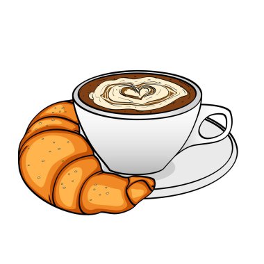 Object on white background, breakfast, coffee with cream and croissant. Vector clipart