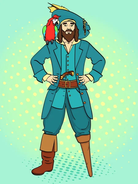 Capitán de una pierna, pie de madera, el hombre es un pirata, un marinero. Vector, fondo de arte pop. Imitación de estilo cómico . — Vector de stock