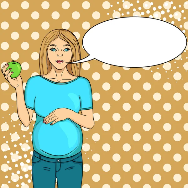流行艺术背景绿色。怀孕妇女在九个月。手里拿着一个苹果。矢量插图, 文本气泡 — 图库矢量图片