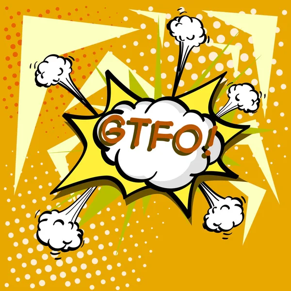 GTFO, burbuja de habla colorida y explosiones en el estilo de arte pop. Elementos de los cómics de diseño. Vector — Vector de stock