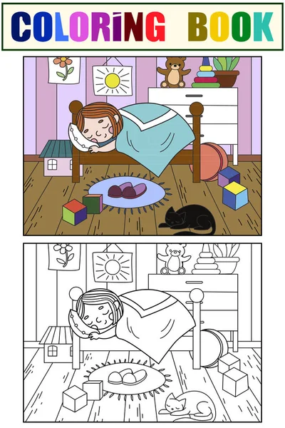 Gyerekek, a gyermekkori szoba színezés és színes témája. Vonal szobában alszik nővel, halom toys — Stock Vector