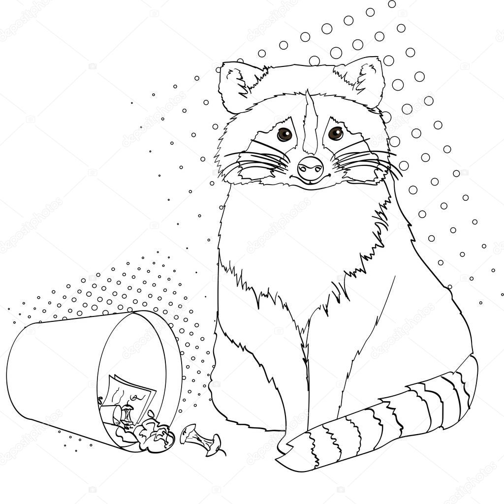Raccoon eats from the trash. A garbage can of street thief and homeless. Children coloring, black lines, white background