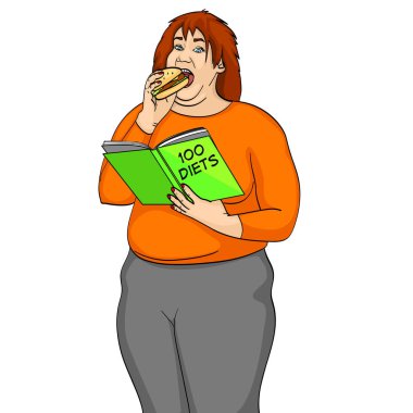Şişman kız beyaz arka plan vektör nesnesi izole kilo hakkında burger ve okuma kitap yemek. Çizgi roman tarzı