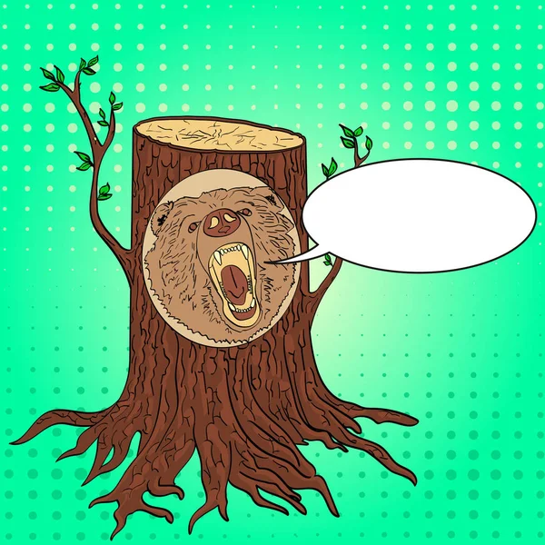 Pop art rzeźbione drewniane niedźwiedź portret z drzewa w lesie. sztuka naśladowania, wektor ilustracja tekstu bubble — Wektor stockowy