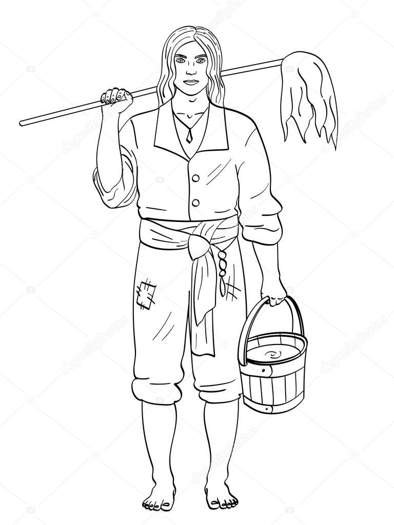 A man is a pirate, a cabin boy or ships boy. Vector, Object isolated Children coloring, black lines, white background