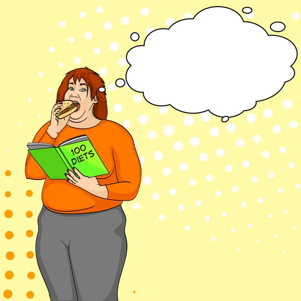 Chica gorda comer hamburguesa y lee libro sobre cómo perder peso pop art retro vector. Estilo de cómic burbuja de texto de imitación — Archivo Imágenes Vectoriales