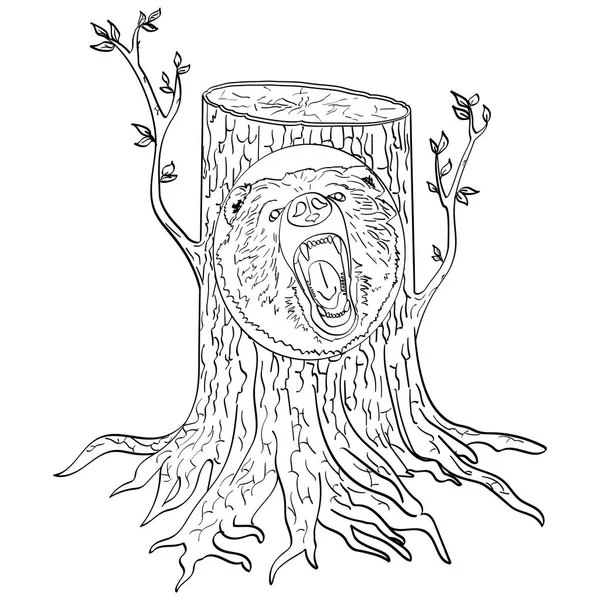 Objeto aislado sobre fondo blanco Retrato de oso de madera tallada de un árbol en el bosque. Niños y adultos para colorear, ilustración vectorial — Archivo Imágenes Vectoriales