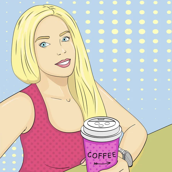 Pop art blå bakgrund. Blond, ung flicka gör selfie. En kopp kaffe till takeaway kaffe hemma. Oäkta komiska stil, vektor — Stock vektor