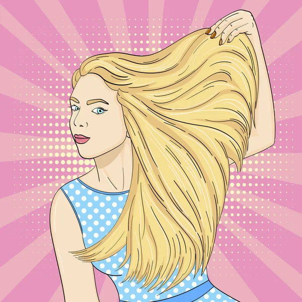 Pop Art Hintergrund, rosa Sonnenstrahlen. Ein junges Mädchen wirbt mit Shampoo, langen Haaren. Vektor — Stockvektor