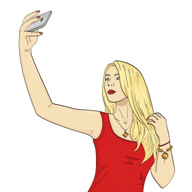 Beyaz arka plan üzerinde izole nesne. Genç kız modeli selfie yapıyor. Moda vektör