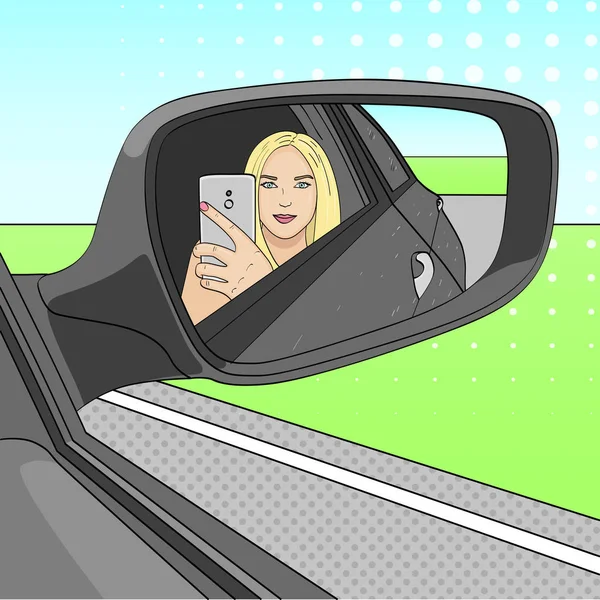 A young girl, a blonde is making a selfie photo in the mirror of a side view of a car. Vector — Stock Vector