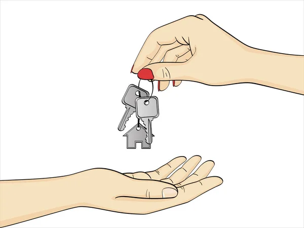 Izolovaný objekt na bílém pozadí. Žena rukou realitní předává klíče do nového domu. Vektor — Stockový vektor
