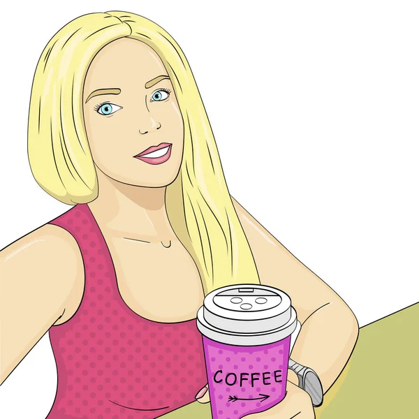 Objeto isolado sobre fundo branco. Loira, menina fazendo selfie. Na cafetaria com uma chávena de café para levar. Estilo cômico de imitação, vetor — Vetor de Stock