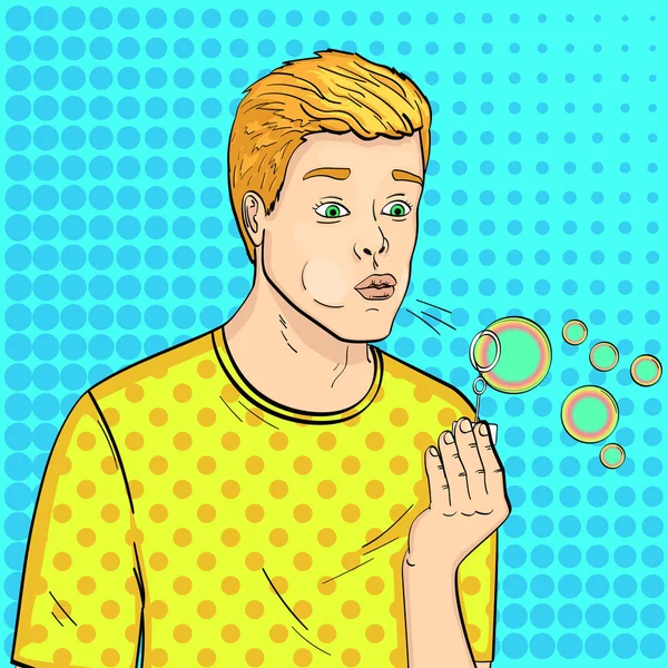 Pop art background. Young guy and soap bubbles. A game for children. Vector, comic style. — Stock Vector