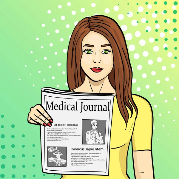Pop-art modré pozadí. Mladá dívka ukazuje táhnoucí noviny s novinkami. Žurnalistiky, lékařském časopise. Vektor s textem. — Stockový vektor