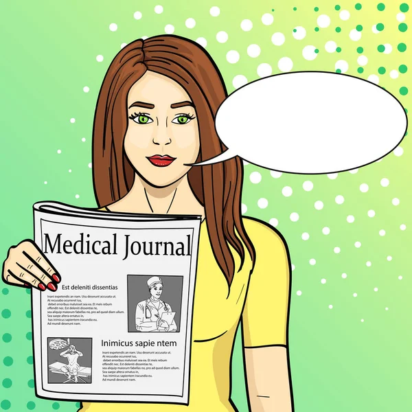Pop Art blauer Hintergrund. junges Mädchen zeigt Stretching Zeitung mit Nachrichten. Journalismus, medizinische Fachzeitschrift. Vektor mit Text. Text, Blase — Stockvektor