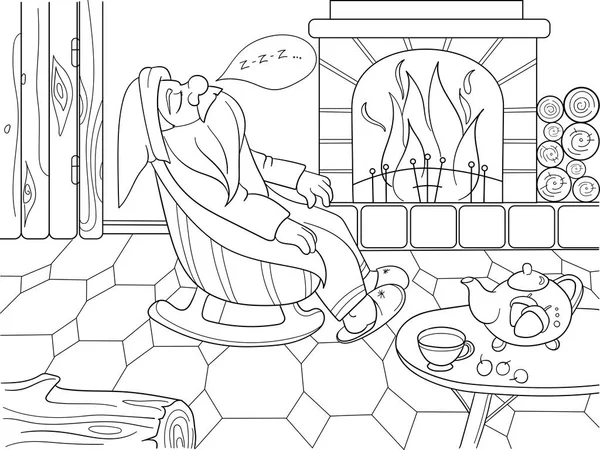 Childrens coloring book cartoon. The interior of the house, the fairy dwarf sleeps near the fireplace.