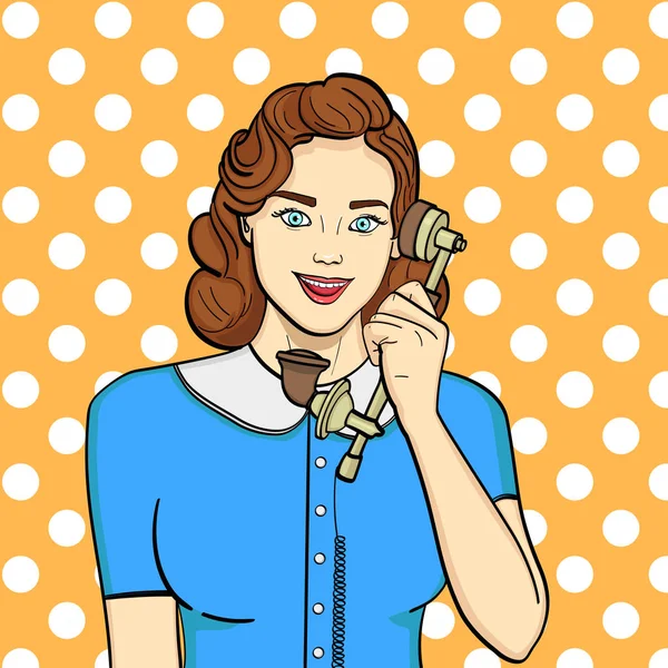 Поп-арт фон. Ретро девушка, брюнетка разговаривает по старому телефону. Комический стиль, вектор — стоковый вектор
