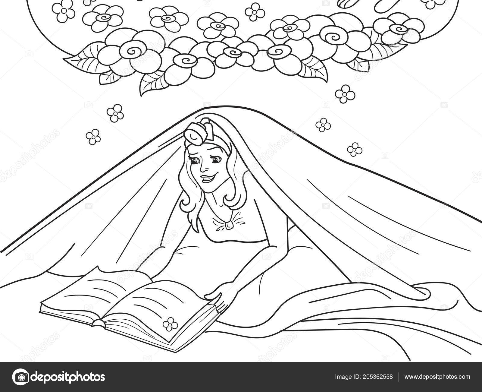 Meisje Leesboek Met Zaklamp Onder De Deken Op Bed Stockfoto