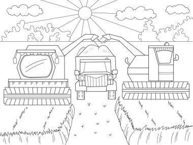 Çizgi film, çocuklar için boyama kitabı. Sonbahar buğday hasat. Tarım makineleri. Hasat ve kamaz birleştirmek.