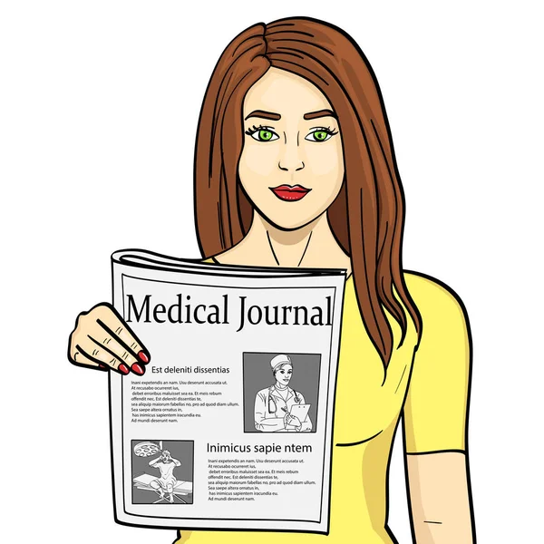 Ізольований об'єкт на білому тлі. Молода дівчина показує розтяжку газети новинами. Журналістика, медичний журнал. Вектор з текстом . — стоковий вектор