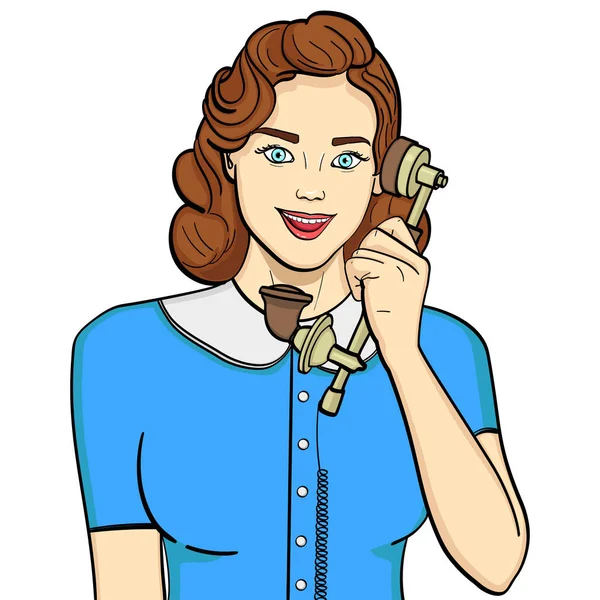 Isolated object on white background. Retro girl, brunette talking on old phone. Comic style, vector — Stock Vector