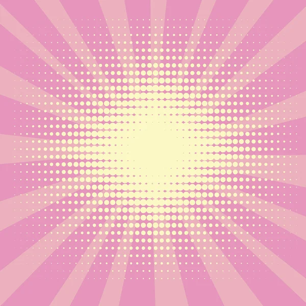 Pop art sfondo, i raggi del sole di colore giallo si trasformano in rosa o cremisi. Cerchi, palle di forme diverse. Vettore — Vettoriale Stock