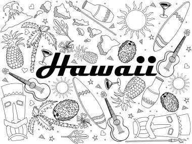 Hawaii kitap hat sanat tasarlamak vektör boyama. Ayrı nesneler. Elle çizilmiş doodle tasarım öğeleri.