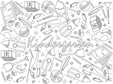 Kitap hat sanat tasarlamak vektör boyama anaokulu. Ayrı nesneler. Elle çizilmiş doodle tasarım öğeleri.