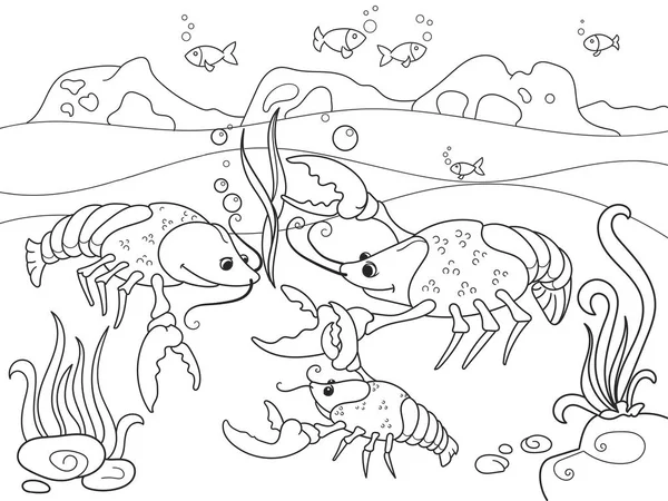 Childrens cartoon family of crayfish on the bottom of the pond. Raster illustration of a coloring book.