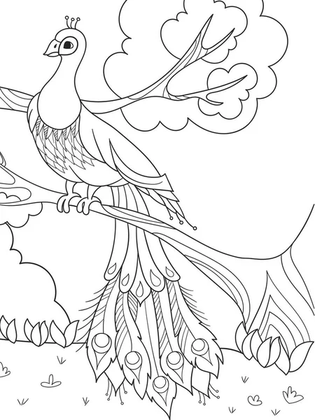Карикатура для детей. Птица, перо птицы или павлин на дереве . — стоковое фото