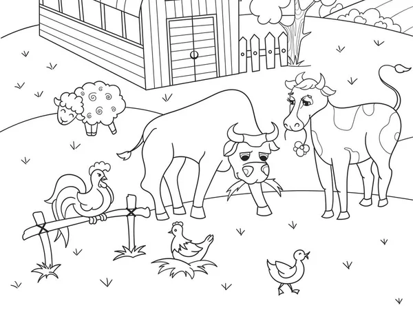 Farm animals and rural landscape coloring raster for adults