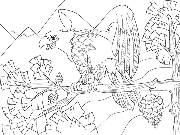 O pássaro de rapina é uma águia em um galho de árvore. Falcão na árvore de Natal. Colorir crianças — Fotografia de Stock