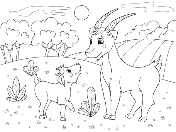 Desenhos animados infantis livro para colorir. Uma família de cabras em um prado . — Fotografia de Stock