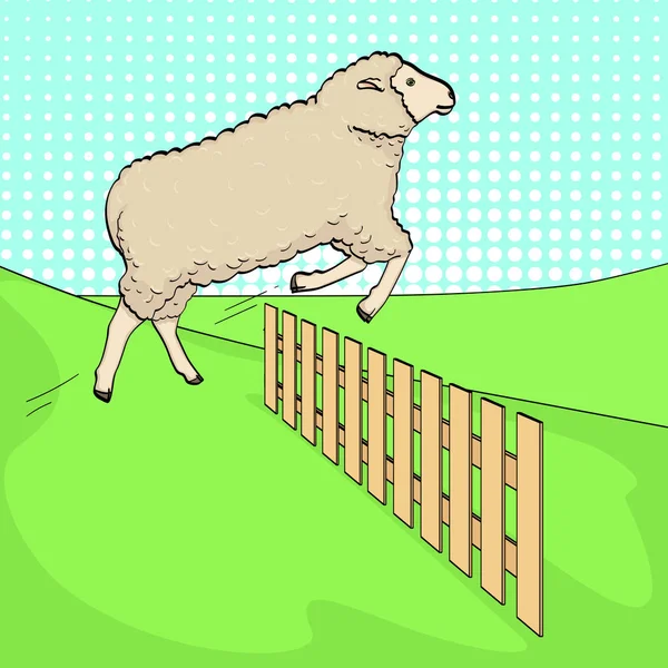 Tło Pop Artu Owce Przeskakuje Przez Płot Szkolenia Zwierząt Gospodarstwie — Wektor stockowy