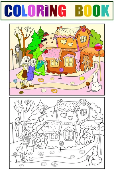 Childlike coloring raster story scene with pair of children eating some sweets near colorful cottage in deep forest — Stock Photo, Image