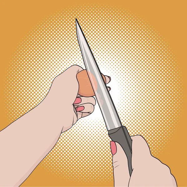 Pop-Art weibliche Hände brechen ein Ei. verwendet ein Messerraster — Stockfoto