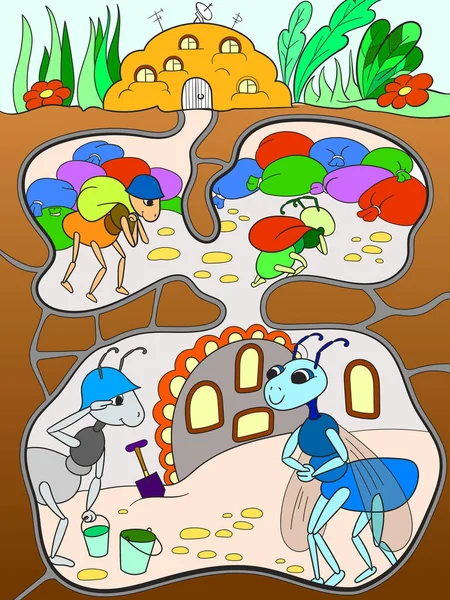 Interieur- en gezinsleven van mieren in een mierenhoop kleur voor kinderen cartoon raster illustratie — Stockfoto