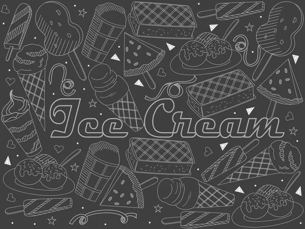 Objetos de arte lineal pieza de tiza. Tema de catering público, vacaciones de verano, un conjunto de varios helados Vector — Vector de stock