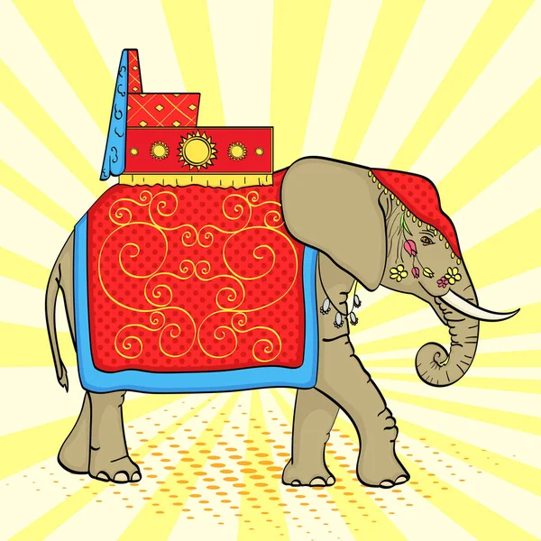 Fondo del arte pop, Elefante en la India, un animal sagrado, decoraciones para unas vacaciones. Vector — Vector de stock