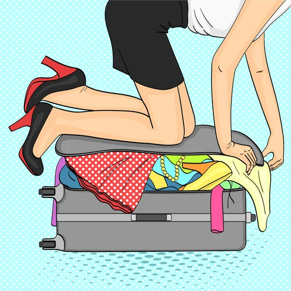 Pop art background.Tema Voyage et rassemblement de femmes. Des choses qui ne rentrent pas dans la valise. Vecteur — Image vectorielle