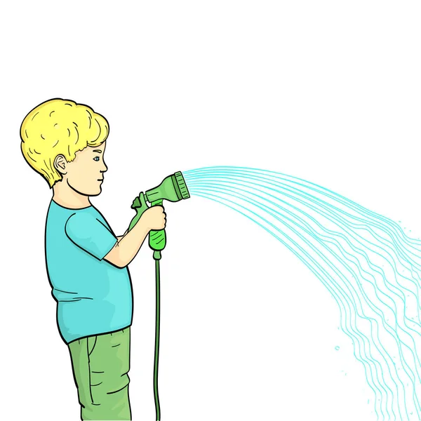 Isolated object on white background. A child, a little boy watering a garden, a garden with a hose of water. Vector — Stock Vector