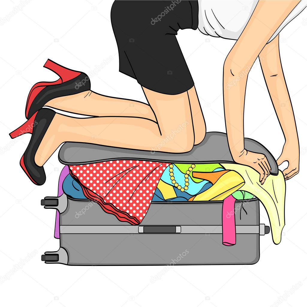 isolated object on white background. Tema travel and female gathering. Things that do not fit into the suitcase. Vector