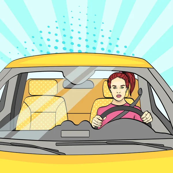 Pop Art Hintergrund, sonnenlichtblau. die Frau am Steuer, das Auto. Vektor — Stockvektor