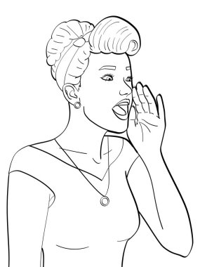 Beyaz arka plan, siyah çizgiler renklendirme. Retro kız çığlık, gramofon. Vektör